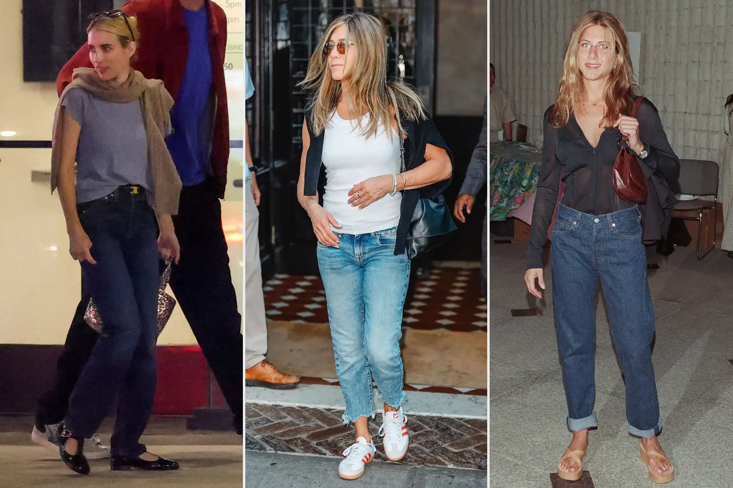 Side-by-side of Emma Roberts and Jennifer Aniston both wearing straight-leg denim